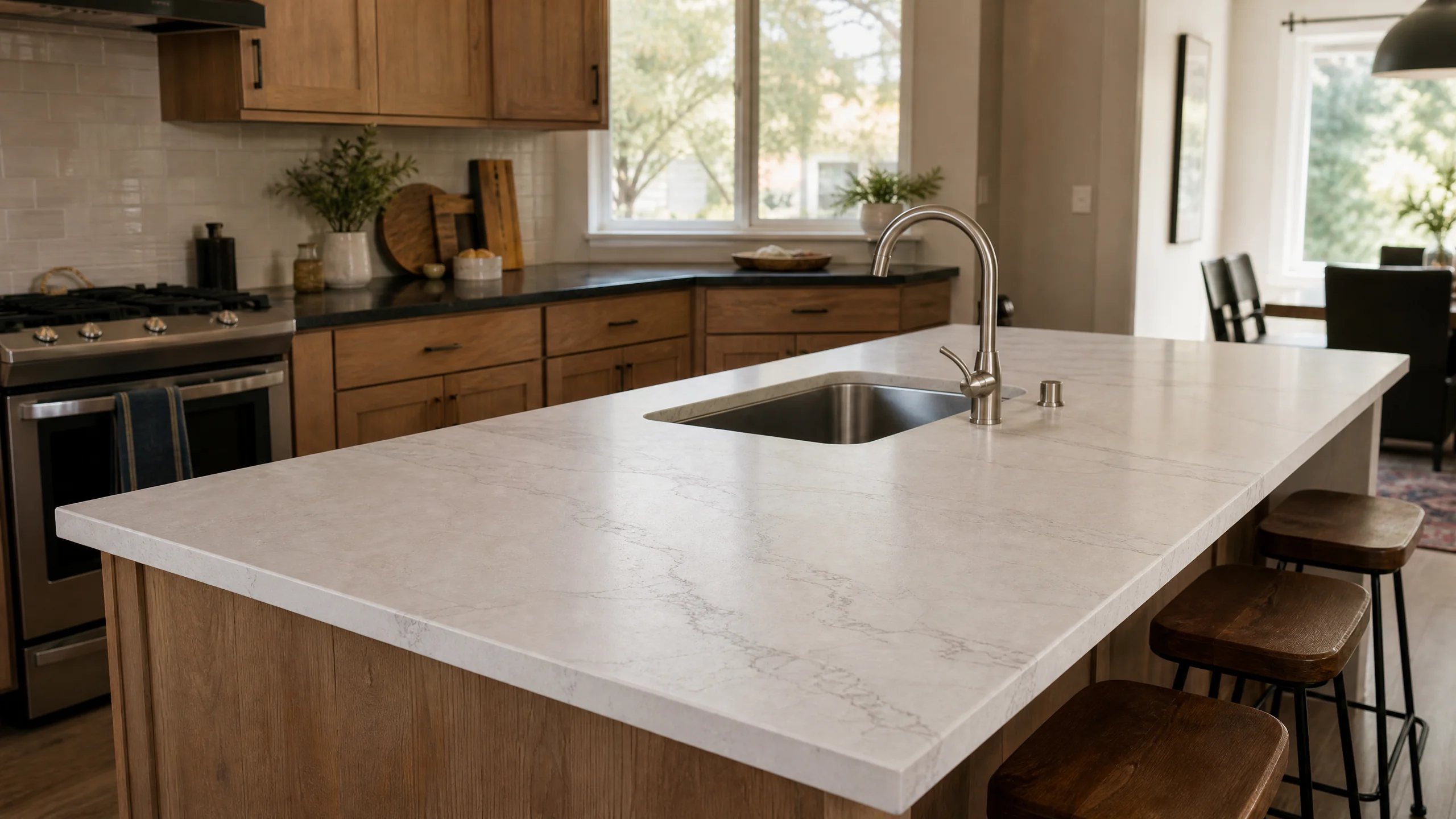 Countertop installation detail in a Holladay kitchen showing a quartzite slab with a mitred edge on an island beside an undermount sink