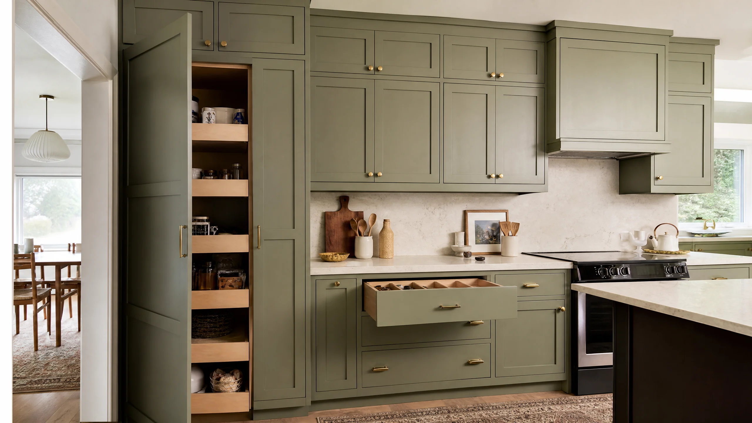 Custom cabinetry in a Holladay kitchen with sage green shaker doors, full-height pantry cabinets and white oak drawer interiors