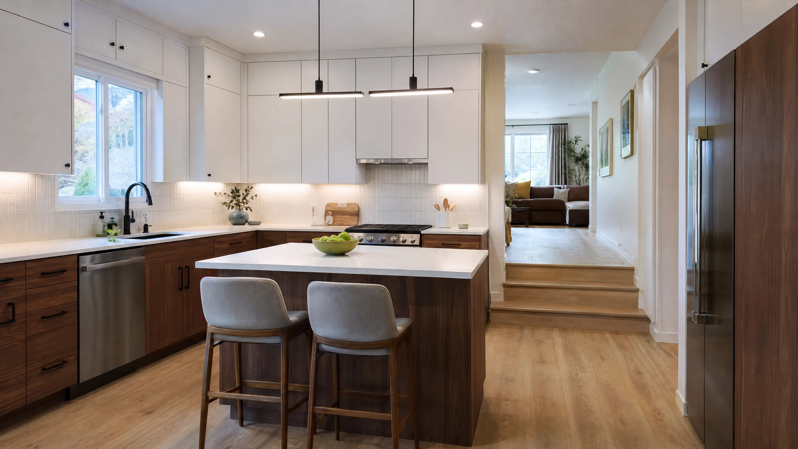Full kitchen remodeling in a Holladay split-level home, with new cabinets, counters, flooring and lighting planned as one complete project
