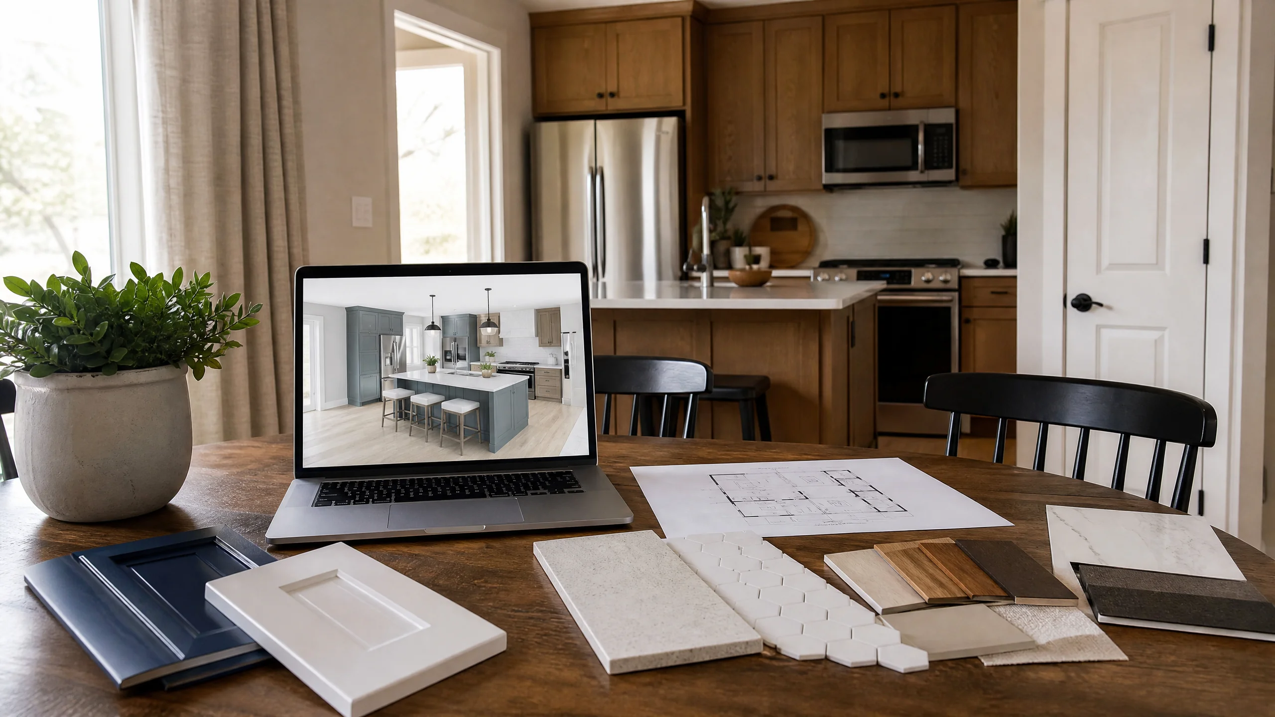 Kitchen design and 3D planning on a laptop beside paint and stone samples, used to plan a Holladay kitchen layout before construction