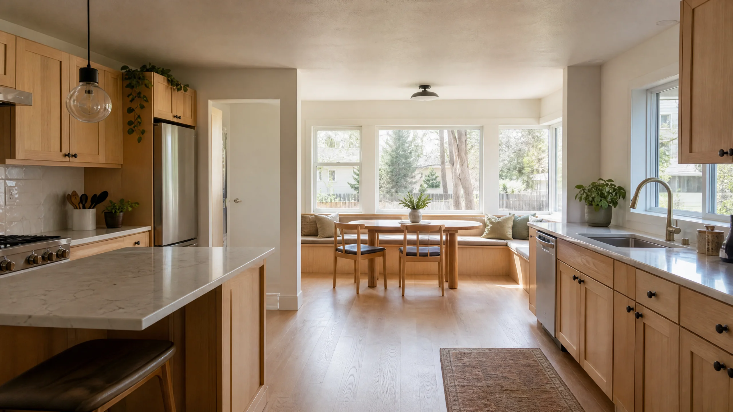 Kitchen expansions in a Holladay home: a bump-out with a dining nook, banquette seating and large windows added to the end of the kitchen