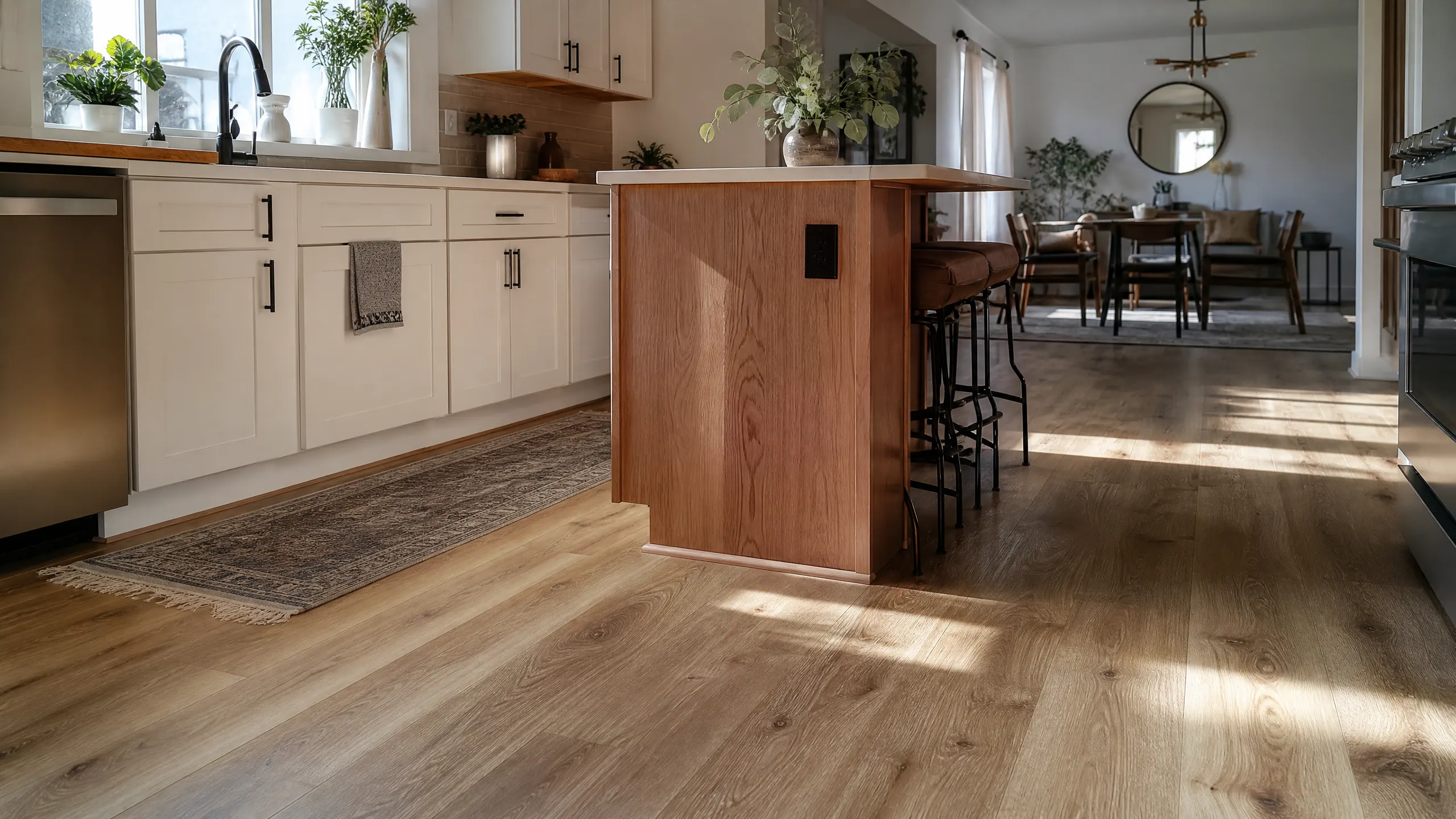Kitchen flooring in a Holladay home: wide-plank oak-look luxury vinyl running continuously from the kitchen into the dining area