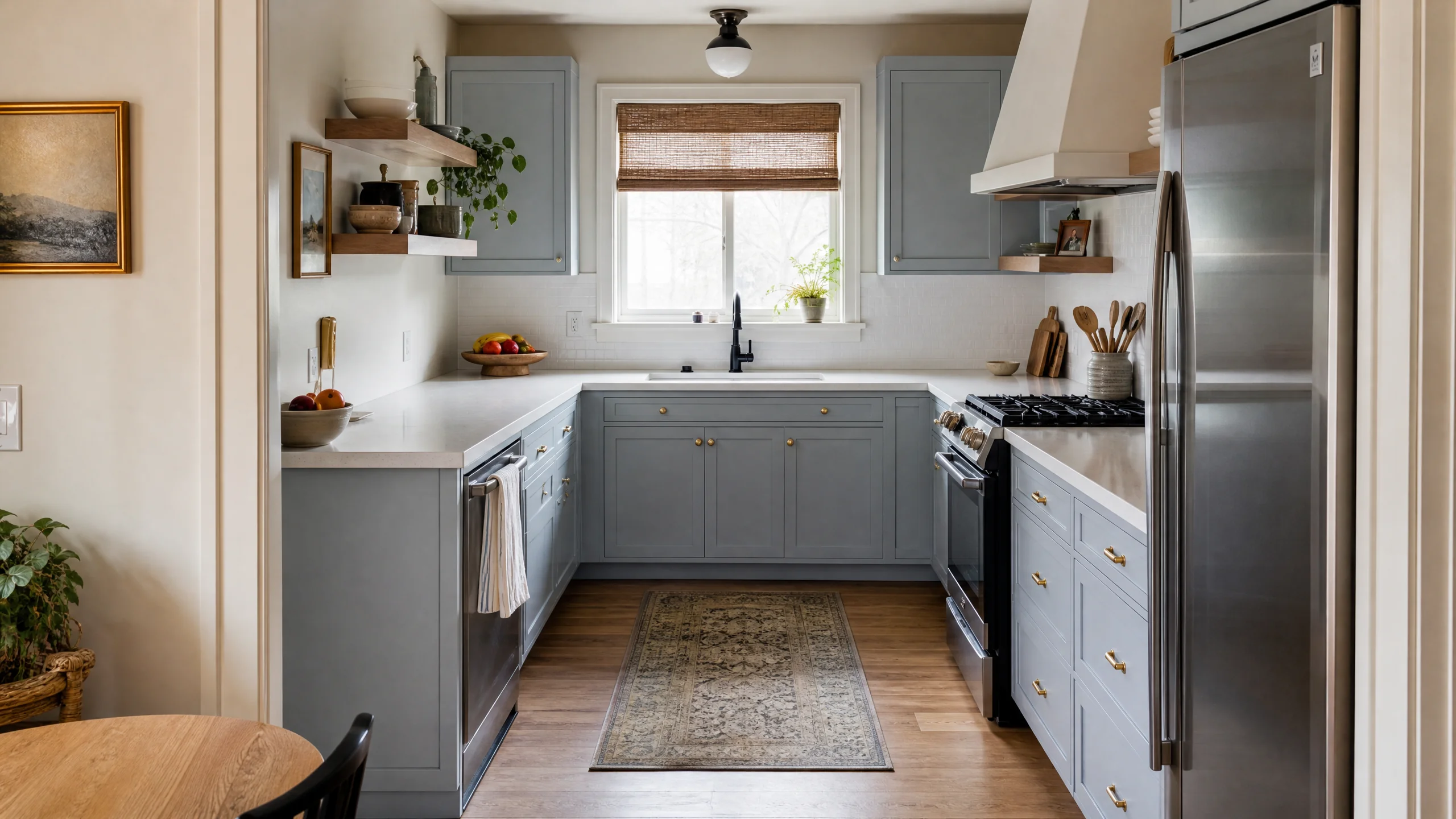 Kitchen layout reconfiguration in a Holladay home: a former galley turned into a U-shaped kitchen with the sink moved under the window