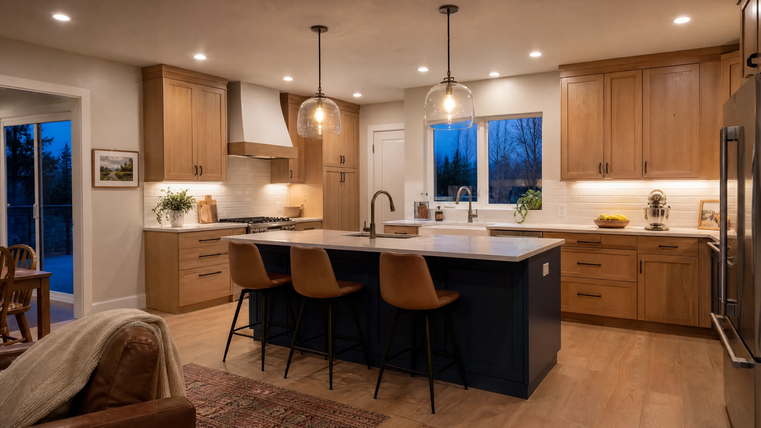Layered kitchen lighting in a Holladay home at dusk, with under-cabinet task lights, recessed ceiling lights and pendants over the island