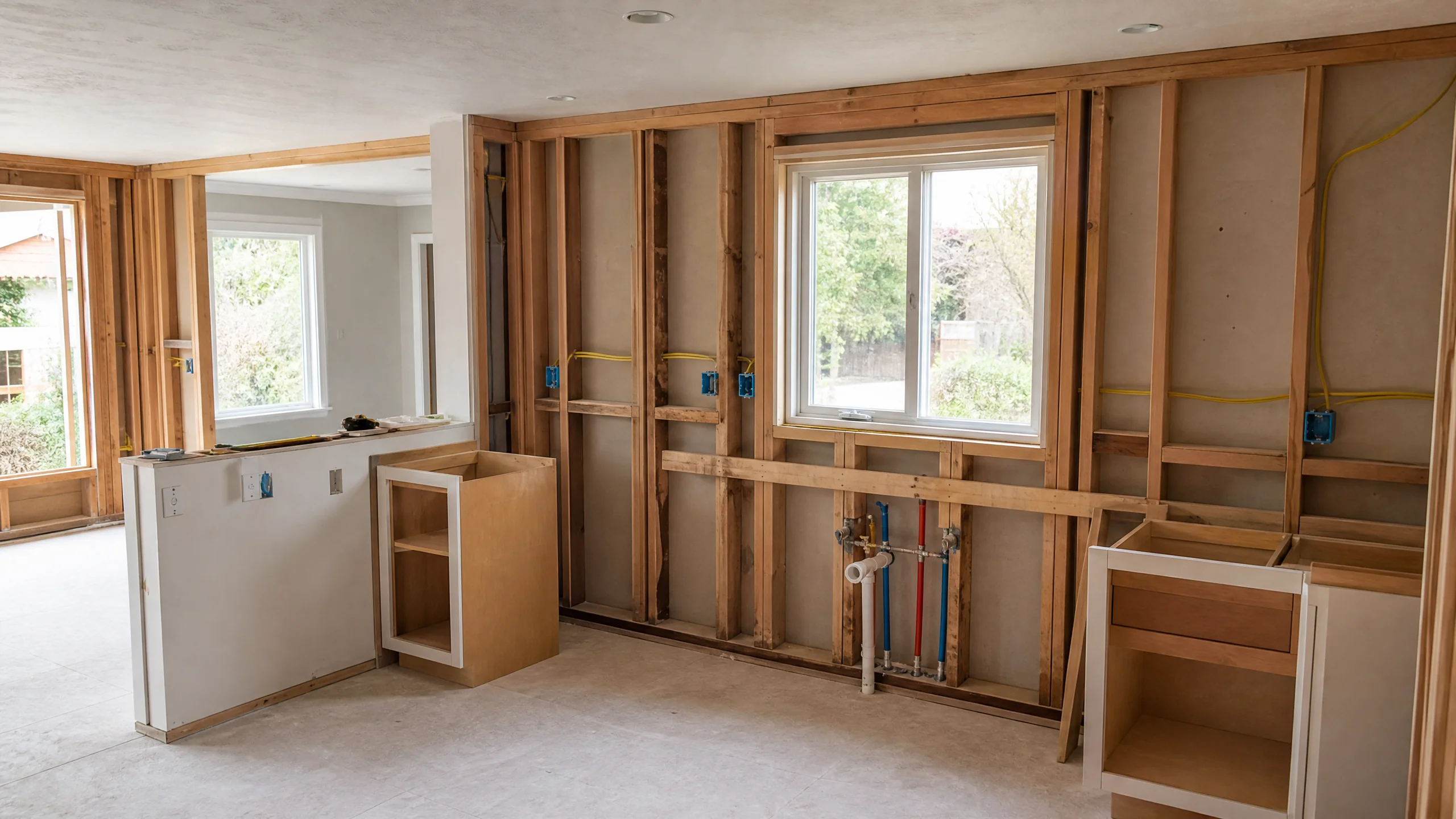 Kitchen plumbing and electrical rough-in in a Holladay remodel, with new supply lines, a drain stub and boxes for counter outlets in open walls