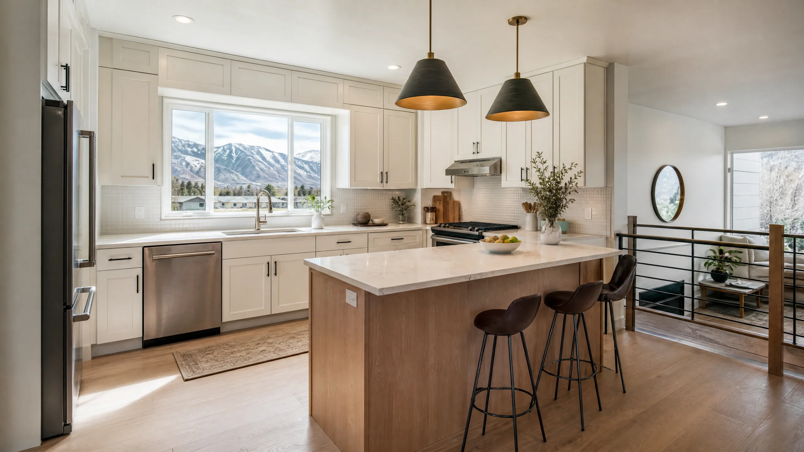 Kitchen remodeling idea for a Cottonwood Heights split-level, with the soffit removed, cabinets to the ceiling and a mountain view window