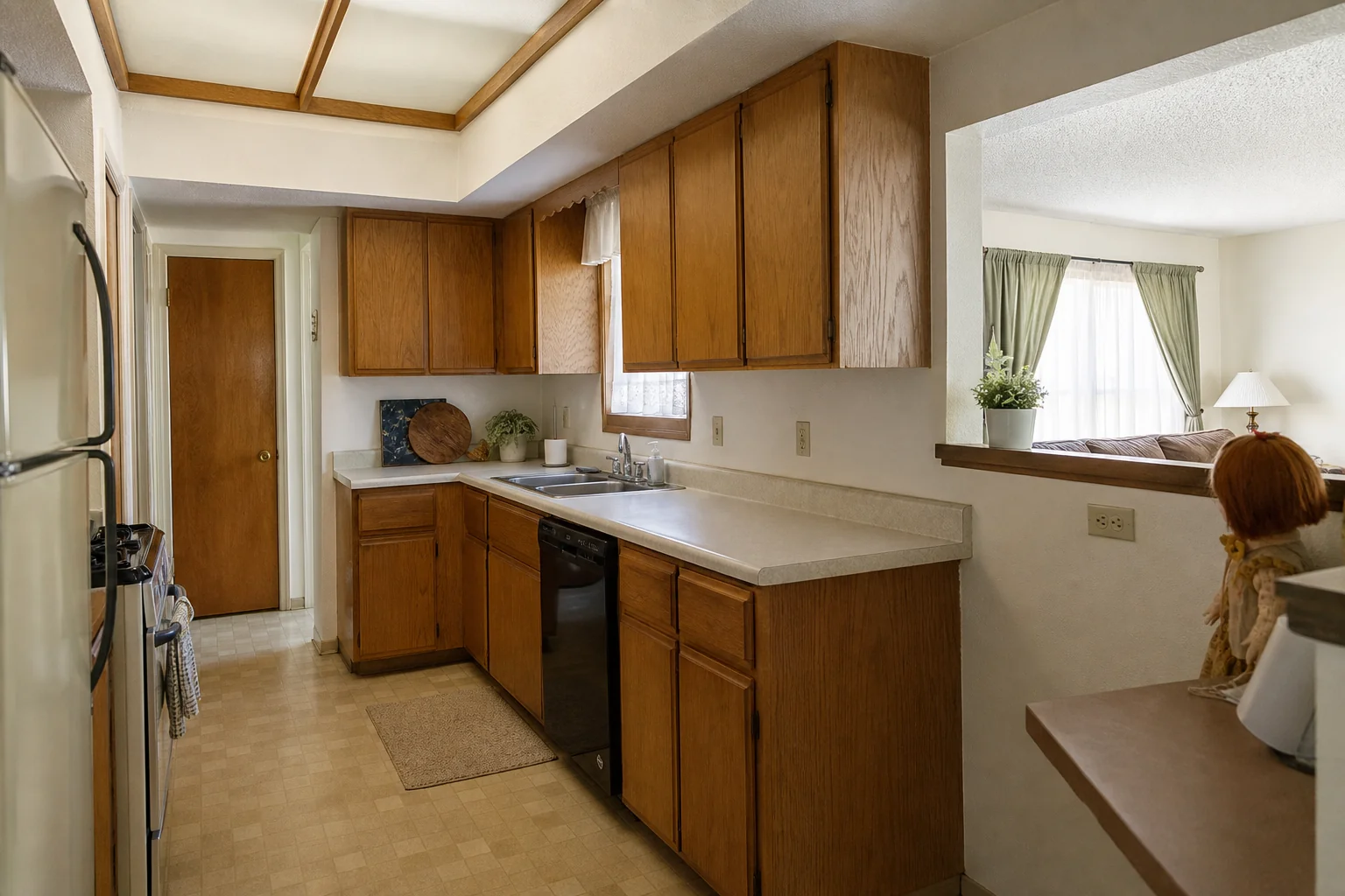 Dated 1970s kitchen with oak cabinets, a soffit and a closed wall, the kind of Holladay space homeowners plan to change before kitchen remodeling