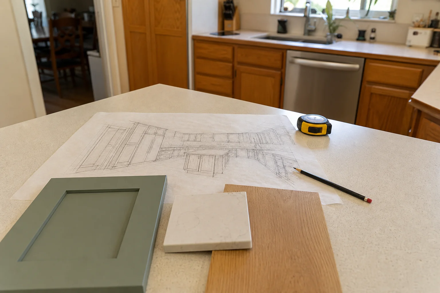 Kitchen remodeling plan for a Holladay home laid out on an island, with a floor plan sketch, tape measure, cabinet door sample and quartz swatch