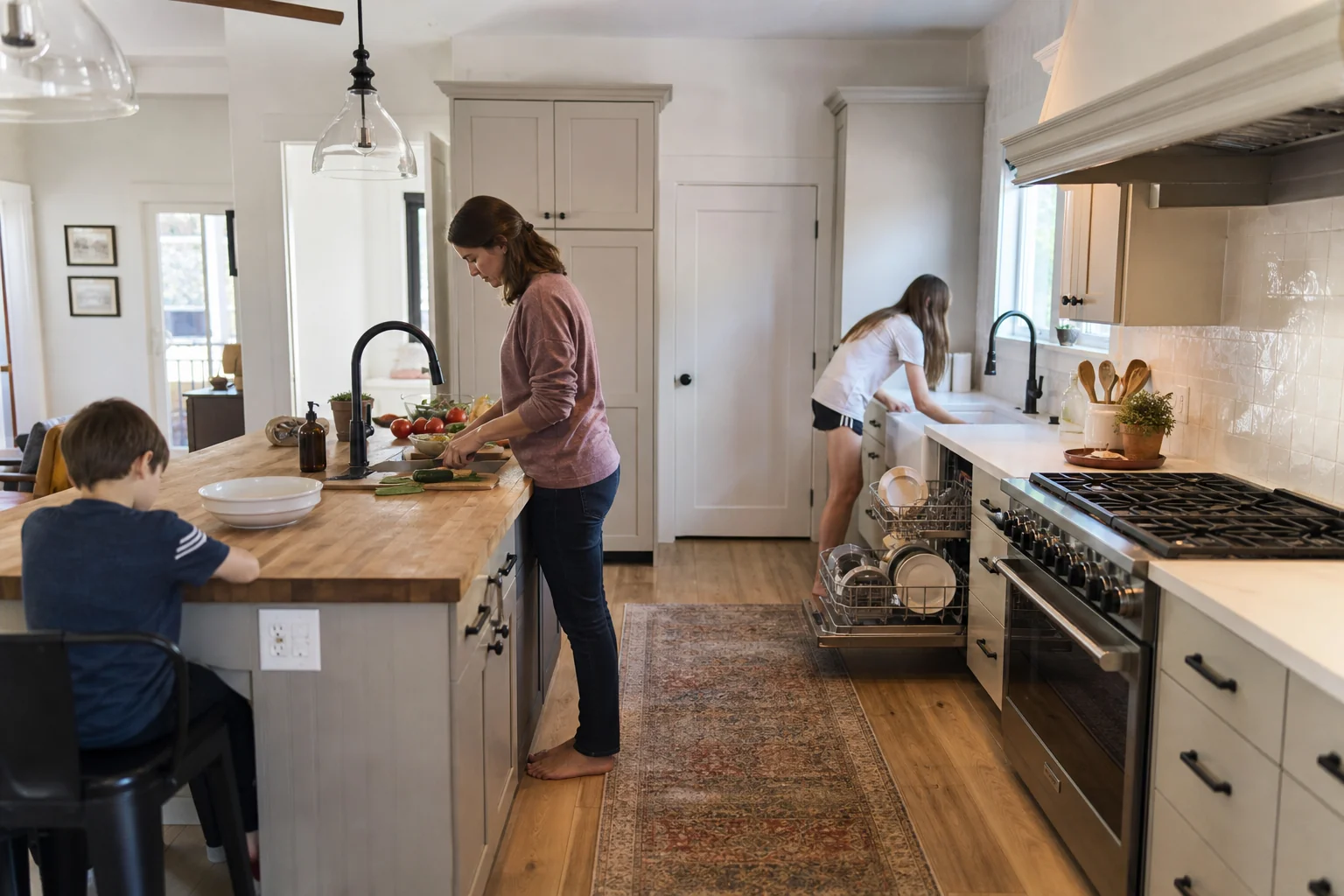 Family using separate prep, cooking and cleanup zones after a kitchen remodeling project in a Holladay home, with room for two cooks