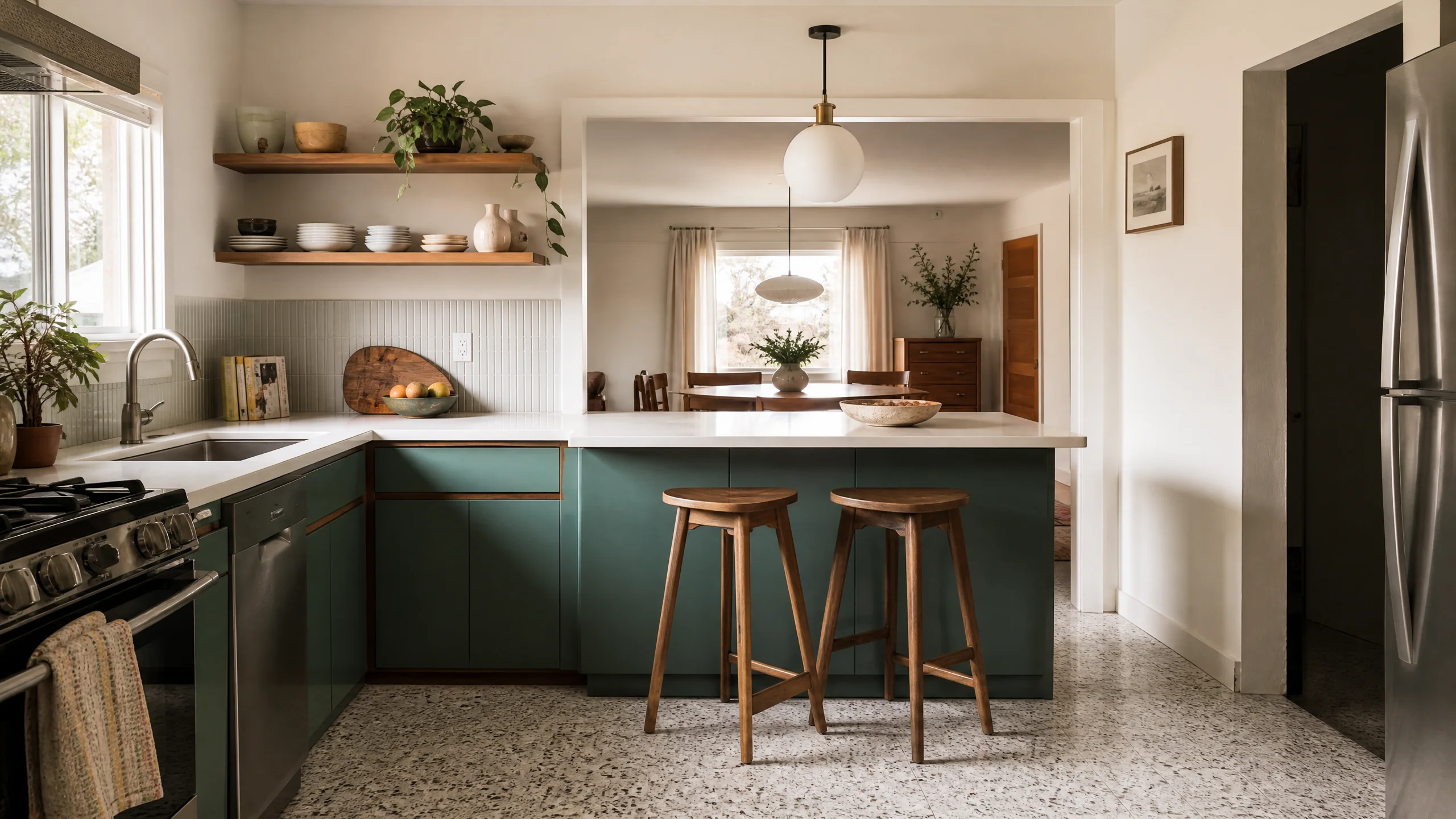 Kitchen remodeling idea for a Millcreek mid-century home: a compact 1950s kitchen opened to the dining room with a peninsula and wood shelves