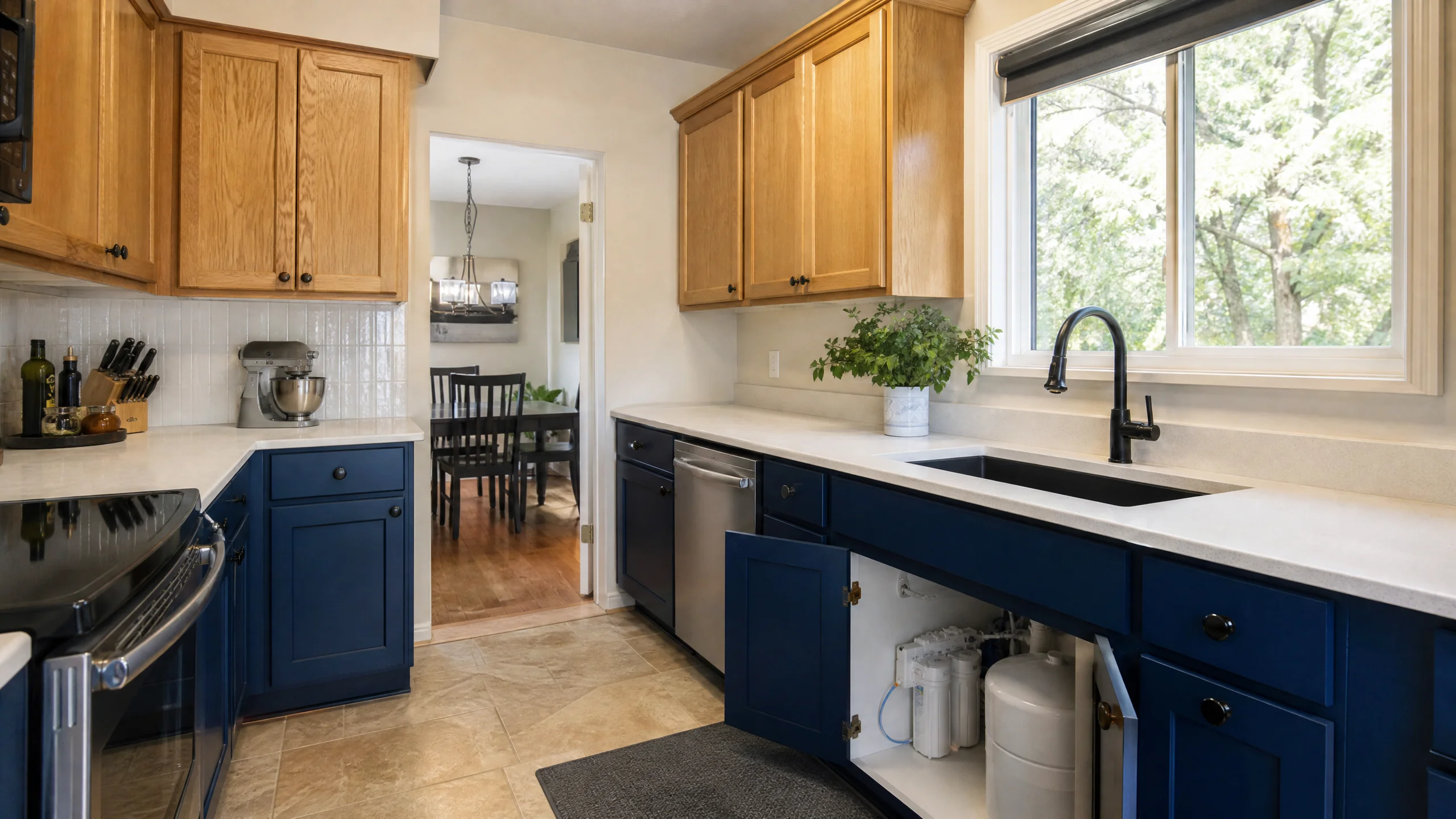 Kitchen remodeling idea for a Murray rambler, featuring a hard-water-friendly matte faucet, a single-bowl sink and durable quartz counters