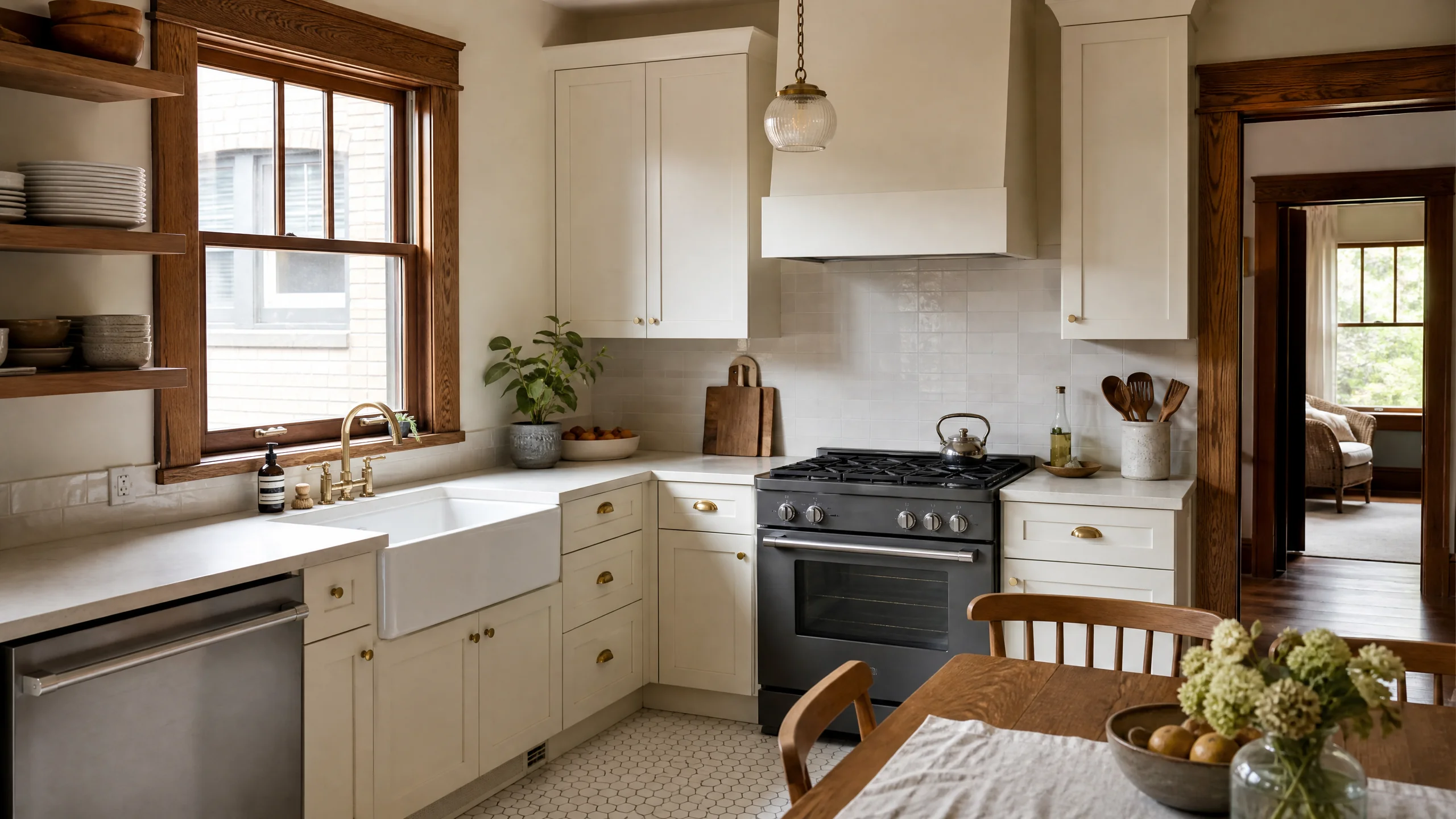 Kitchen remodeling idea for a Salt Lake City bungalow, with a modern kitchen fitted around original trim, plaster walls and a tall window
