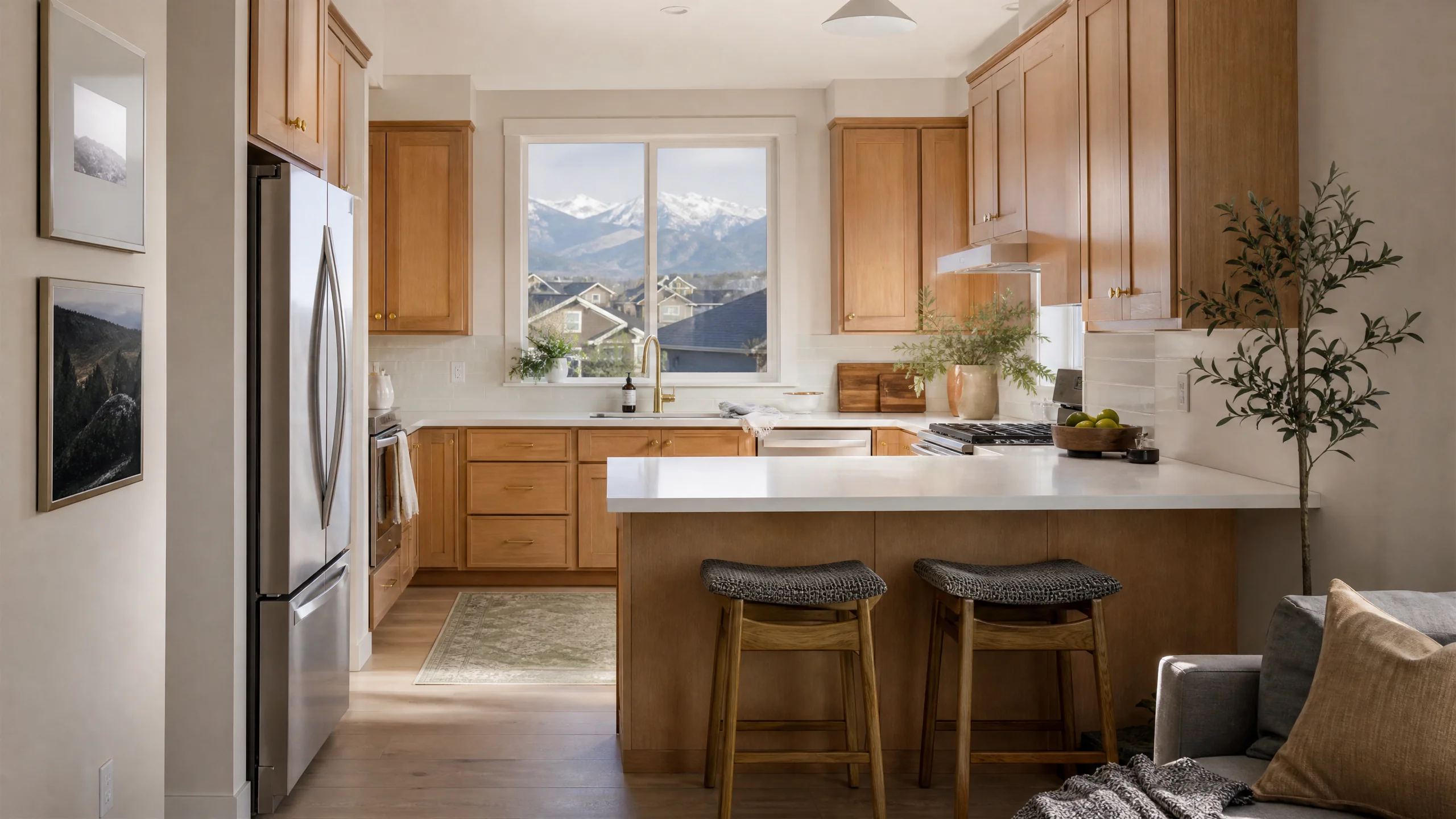 Kitchen remodeling across Salt Lake County: an updated suburban kitchen with a peninsula, light wood cabinets and a view toward the Wasatch