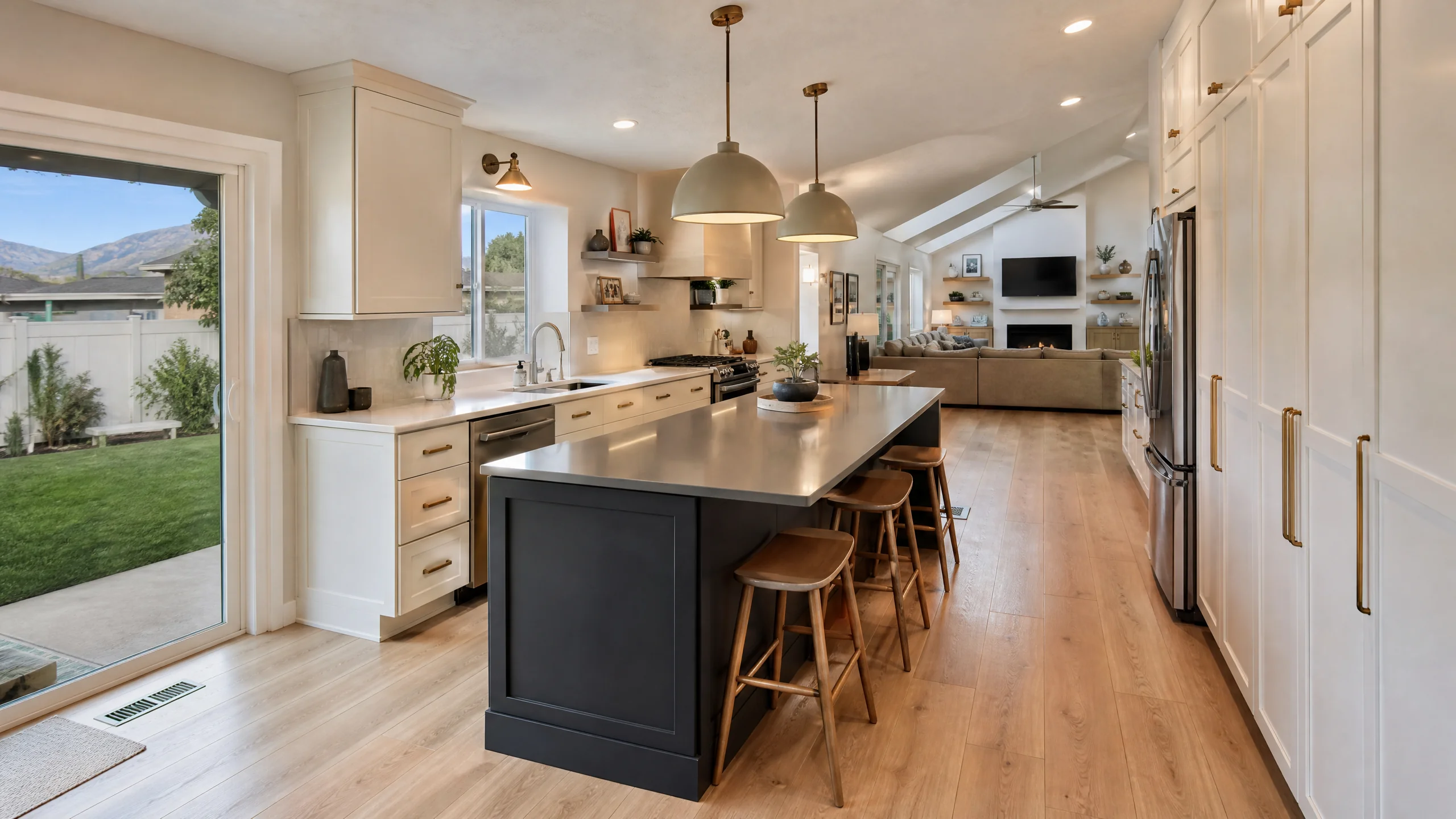 Kitchen remodeling idea for a Sandy builder-era home, replacing an angled 1990s island with a larger rectangular island and better storage