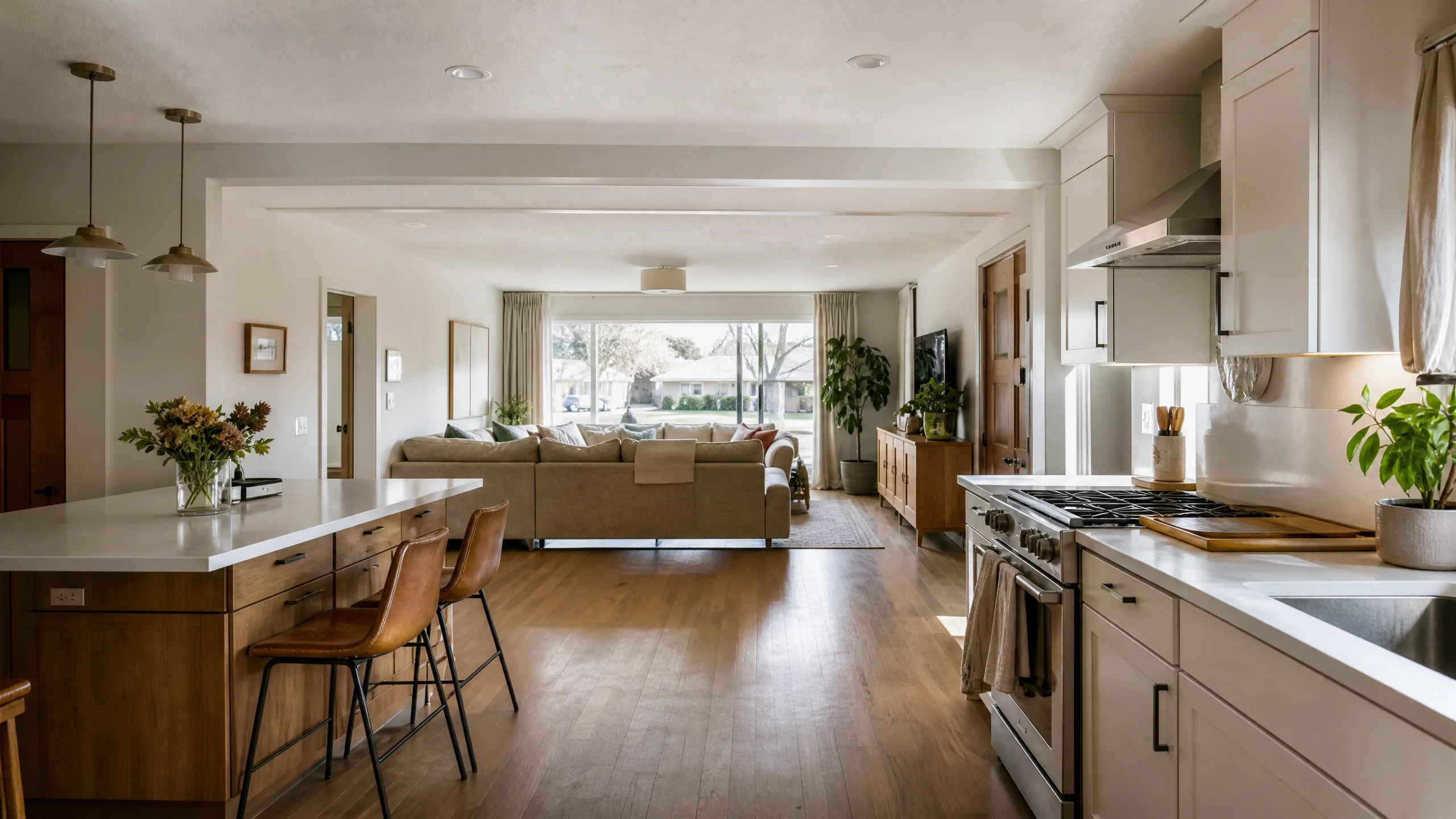 Open concept kitchen after wall removal in a Holladay home, with a flush beam where the wall stood and the island now facing the living room