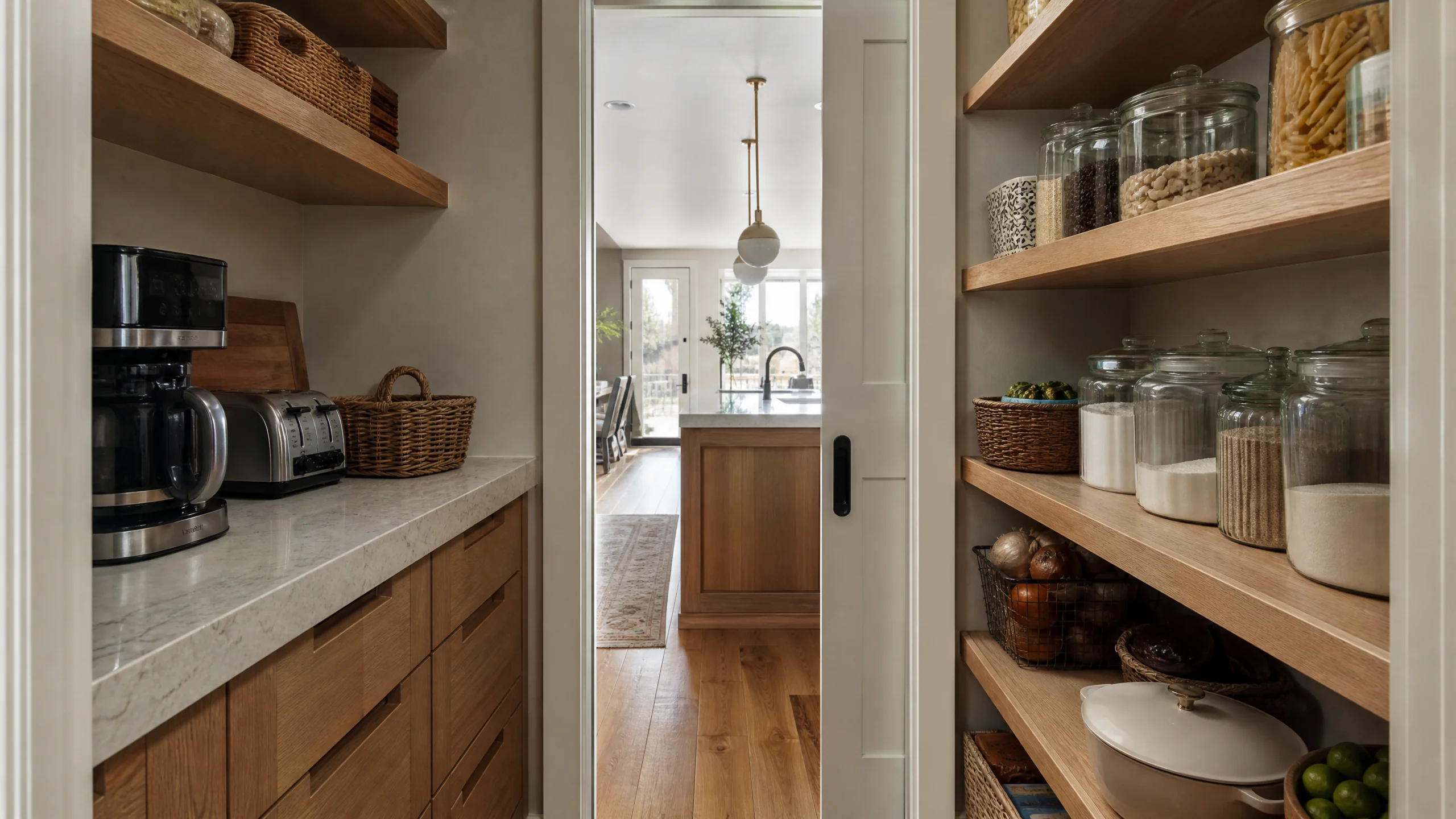 Pantries, storage and built-ins off a Holladay kitchen: a walk-in pantry with adjustable oak shelves, labelled jars, deep drawers and a small counter