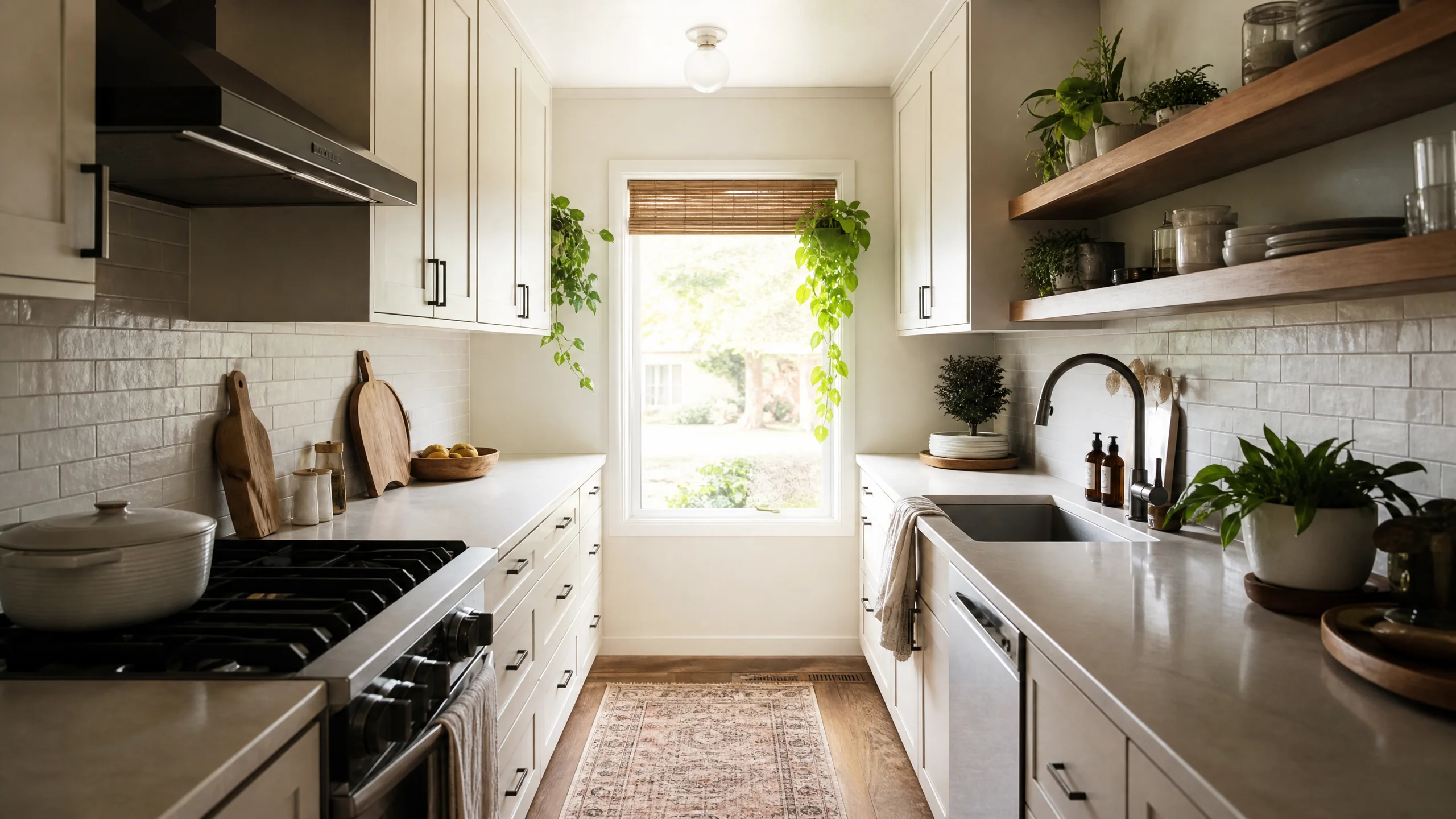 Small galley kitchen remodeling in a Holladay bungalow, with slim open shelves, light cabinets and a window at the end of the aisle